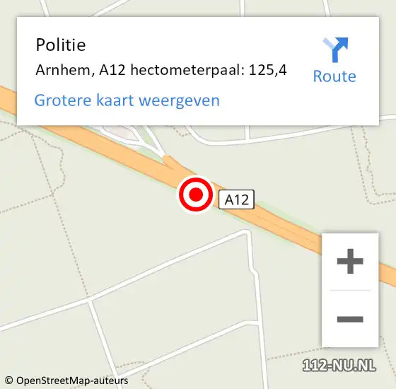 Locatie op kaart van de 112 melding: Politie Arnhem, A12 hectometerpaal: 125,4 op 8 december 2021 10:19