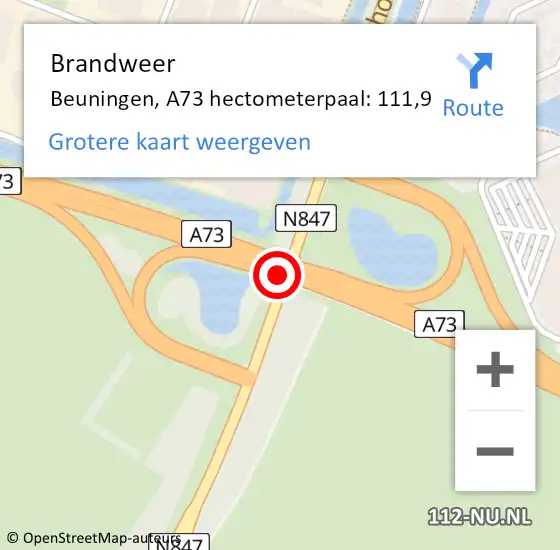 Locatie op kaart van de 112 melding: Brandweer Beuningen, A73 hectometerpaal: 111,9 op 8 december 2021 10:22