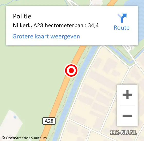 Locatie op kaart van de 112 melding: Politie Nijkerk, A28 hectometerpaal: 34,4 op 8 december 2021 11:57