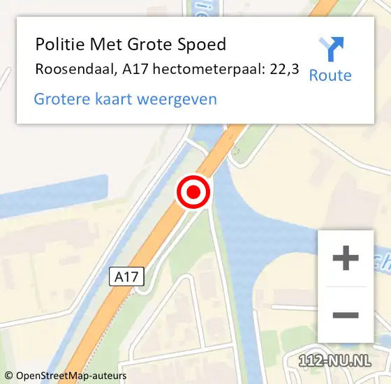 Locatie op kaart van de 112 melding: Politie Met Grote Spoed Naar Roosendaal, A17 hectometerpaal: 22,3 op 8 december 2021 12:03