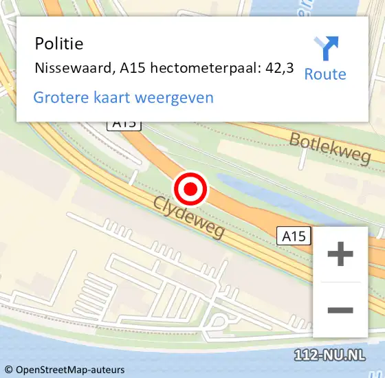 Locatie op kaart van de 112 melding: Politie Bernisse, A15 hectometerpaal: 42,3 op 8 december 2021 13:06