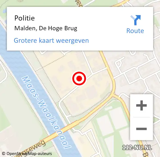 Locatie op kaart van de 112 melding: Politie Malden, De Hoge Brug op 8 december 2021 13:43