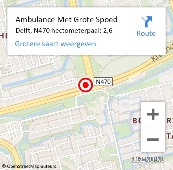 Locatie op kaart van de 112 melding: Ambulance Met Grote Spoed Naar Delft, N470 hectometerpaal: 2,6 op 8 december 2021 13:44