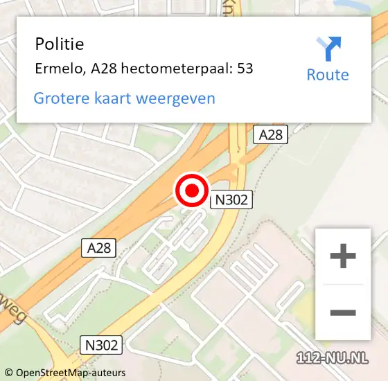 Locatie op kaart van de 112 melding: Politie Ermelo, A28 hectometerpaal: 53 op 8 december 2021 17:19