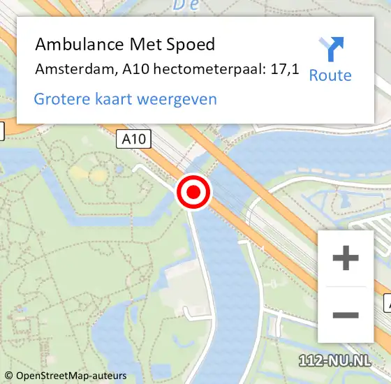 Locatie op kaart van de 112 melding: Ambulance Met Spoed Naar Amsterdam, A10 hectometerpaal: 17,1 op 8 december 2021 17:31