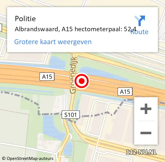 Locatie op kaart van de 112 melding: Politie Albrandswaard, A15 hectometerpaal: 52,4 op 8 december 2021 17:50