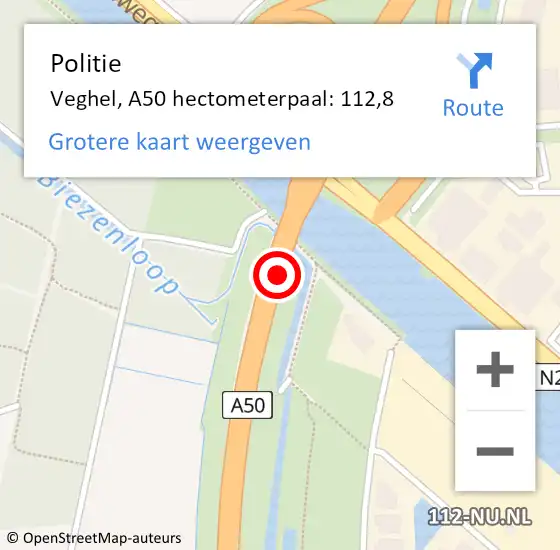 Locatie op kaart van de 112 melding: Politie Veghel, A50 hectometerpaal: 112,8 op 8 december 2021 17:57