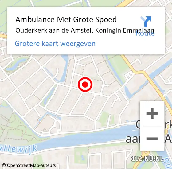 Locatie op kaart van de 112 melding: Ambulance Met Grote Spoed Naar Ouderkerk aan de Amstel, Koningin Emmalaan op 9 december 2021 07:22