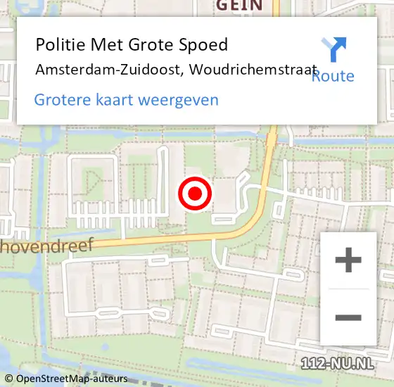 Locatie op kaart van de 112 melding: Politie Met Grote Spoed Naar Amsterdam-Zuidoost, Woudrichemstraat op 9 december 2021 08:06