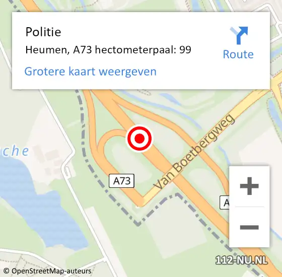 Locatie op kaart van de 112 melding: Politie Heumen, A73 hectometerpaal: 99 op 9 december 2021 08:50