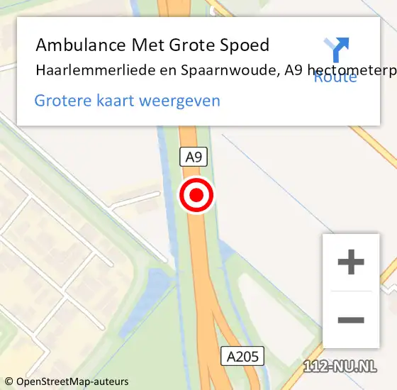 Locatie op kaart van de 112 melding: Ambulance Met Grote Spoed Naar Haarlemmerliede en Spaarnwoude, A9 hectometerpaal: 42,1 op 9 december 2021 08:56