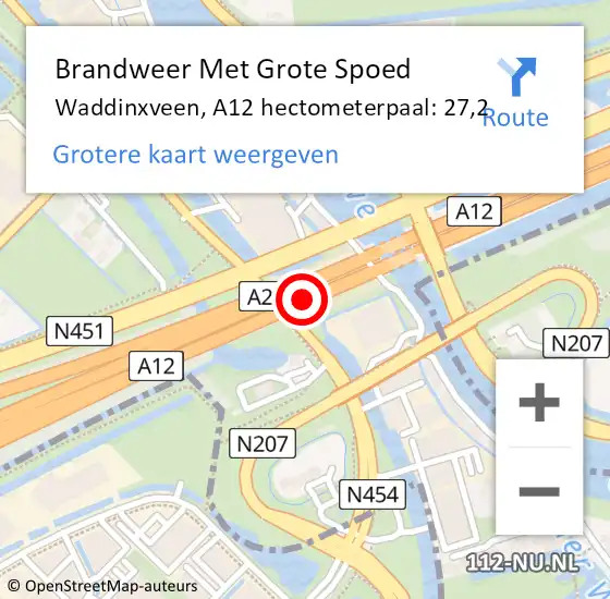 Locatie op kaart van de 112 melding: Brandweer Met Grote Spoed Naar Waddinxveen, A12 hectometerpaal: 27,2 op 9 december 2021 09:17