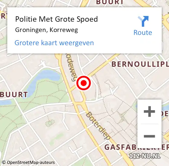 Locatie op kaart van de 112 melding: Politie Met Grote Spoed Naar Groningen, Korreweg op 9 december 2021 13:52