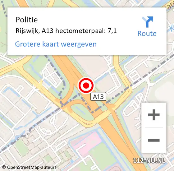 Locatie op kaart van de 112 melding: Politie Rijswijk, A13 hectometerpaal: 7,1 op 9 december 2021 15:10