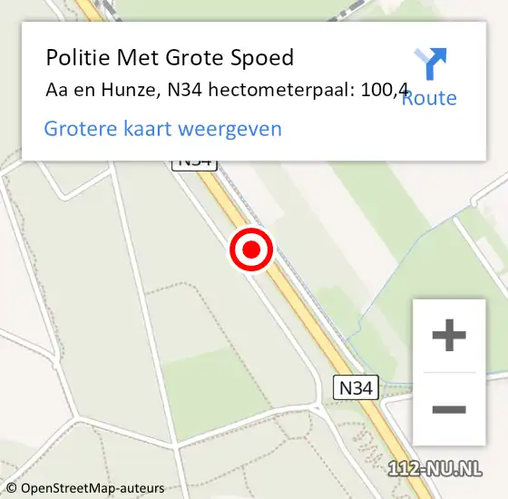 Locatie op kaart van de 112 melding: Politie Met Grote Spoed Naar Aa en Hunze, N34 hectometerpaal: 100,4 op 9 december 2021 16:17