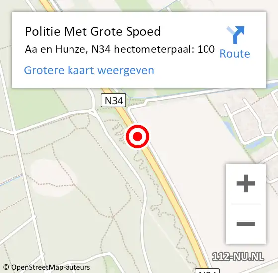 Locatie op kaart van de 112 melding: Politie Met Grote Spoed Naar Aa en Hunze, N34 hectometerpaal: 100 op 9 december 2021 16:19