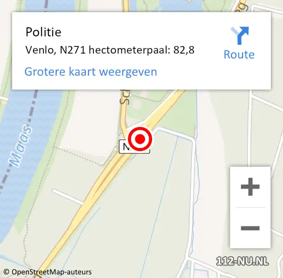 Locatie op kaart van de 112 melding: Politie Venlo, N271 hectometerpaal: 82,8 op 9 december 2021 16:32