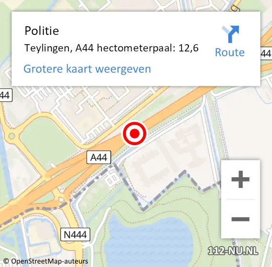 Locatie op kaart van de 112 melding: Politie Teylingen, A44 hectometerpaal: 12,6 op 9 december 2021 17:09