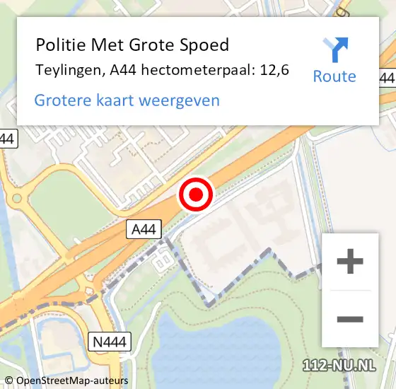 Locatie op kaart van de 112 melding: Politie Met Grote Spoed Naar Teylingen, A44 hectometerpaal: 12,6 op 9 december 2021 17:12