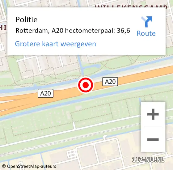 Locatie op kaart van de 112 melding: Politie Rotterdam, A20 hectometerpaal: 36,6 op 9 december 2021 17:21