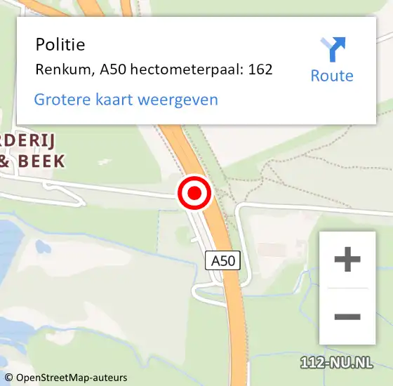 Locatie op kaart van de 112 melding: Politie Renkum, A50 hectometerpaal: 162 op 9 december 2021 17:28