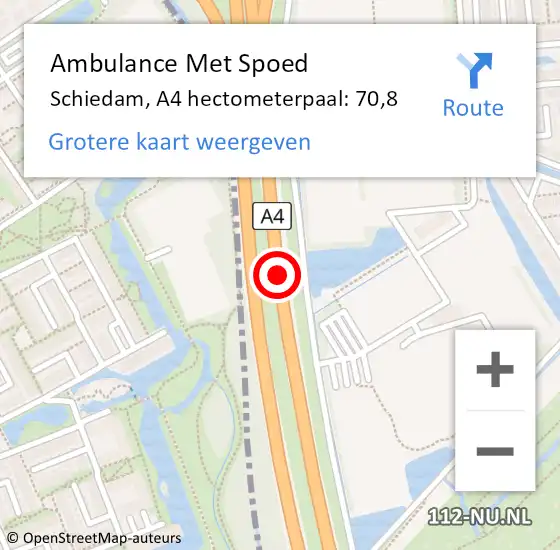 Locatie op kaart van de 112 melding: Ambulance Met Spoed Naar Schiedam, A4 hectometerpaal: 70,8 op 9 december 2021 17:33