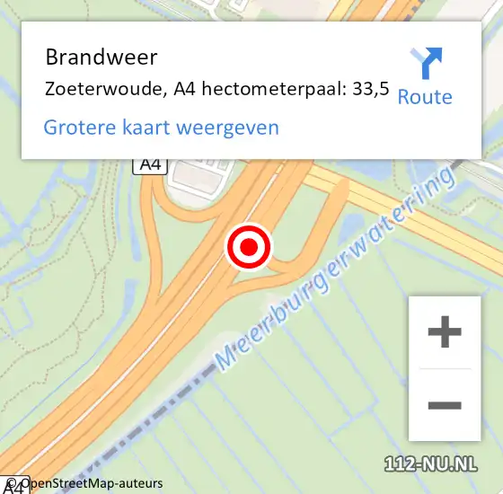 Locatie op kaart van de 112 melding: Brandweer Zoeterwoude, A4 hectometerpaal: 33,5 op 9 december 2021 17:59