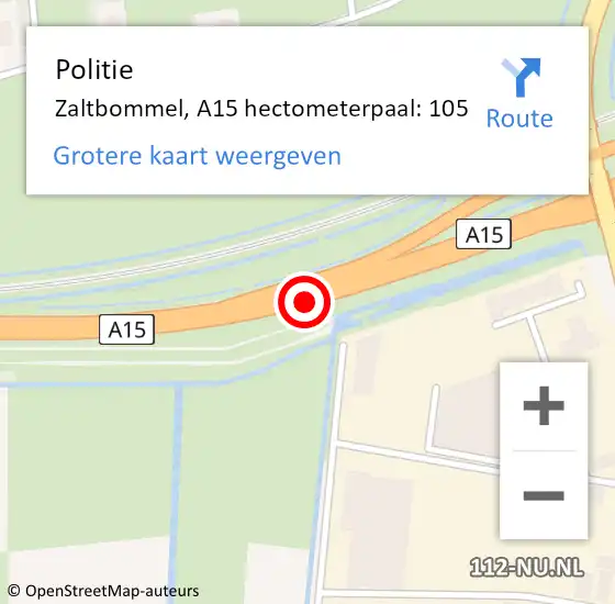 Locatie op kaart van de 112 melding: Politie Zaltbommel, A15 hectometerpaal: 105 op 9 december 2021 18:32