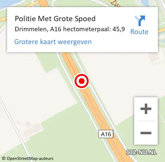 Locatie op kaart van de 112 melding: Politie Met Grote Spoed Naar Drimmelen, A16 hectometerpaal: 45,9 op 9 december 2021 19:16