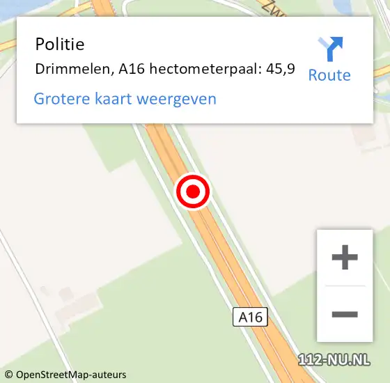 Locatie op kaart van de 112 melding: Politie Drimmelen, A16 hectometerpaal: 45,9 op 9 december 2021 19:16