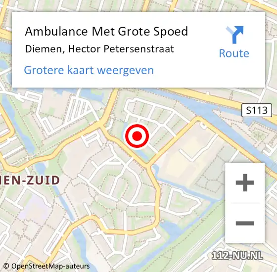 Locatie op kaart van de 112 melding: Ambulance Met Grote Spoed Naar Diemen, Hector Petersenstraat op 10 december 2021 07:41