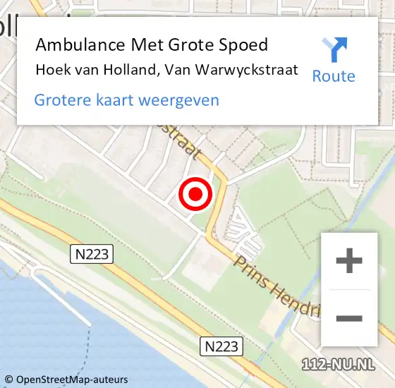 Locatie op kaart van de 112 melding: Ambulance Met Grote Spoed Naar Hoek van Holland, Van Warwyckstraat op 10 december 2021 08:09