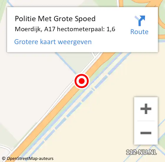 Locatie op kaart van de 112 melding: Politie Met Grote Spoed Naar Moerdijk, A17 hectometerpaal: 1,6 op 10 december 2021 08:16