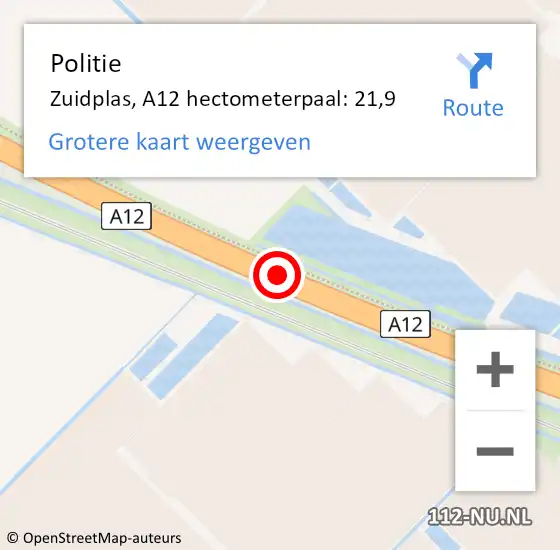 Locatie op kaart van de 112 melding: Politie Zuidplas, A12 hectometerpaal: 21,9 op 10 december 2021 12:11