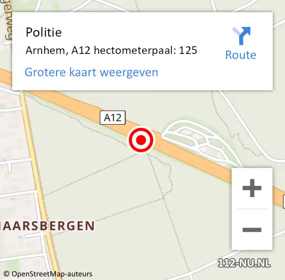 Locatie op kaart van de 112 melding: Politie Arnhem, A12 hectometerpaal: 125 op 10 december 2021 12:53