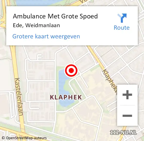 Locatie op kaart van de 112 melding: Ambulance Met Grote Spoed Naar Ede, Weidmanlaan op 10 december 2021 17:06