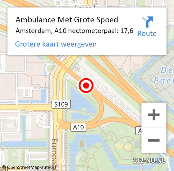 Locatie op kaart van de 112 melding: Ambulance Met Grote Spoed Naar Amsterdam, A10 hectometerpaal: 17,6 op 10 december 2021 17:36