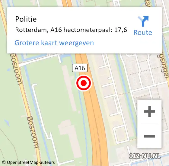 Locatie op kaart van de 112 melding: Politie Rotterdam, A16 hectometerpaal: 17,6 op 10 december 2021 17:44