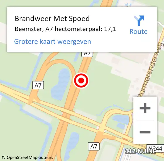 Locatie op kaart van de 112 melding: Brandweer Met Spoed Naar Beemster, A7 hectometerpaal: 17,1 op 10 december 2021 17:45