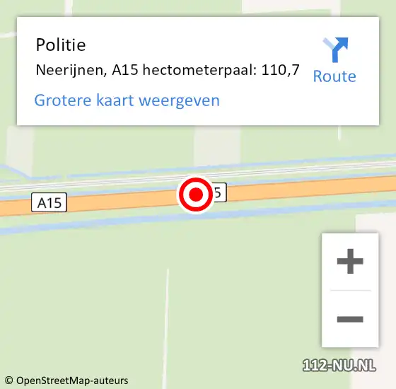 Locatie op kaart van de 112 melding: Politie Neerijnen, A15 hectometerpaal: 110,7 op 10 december 2021 20:42