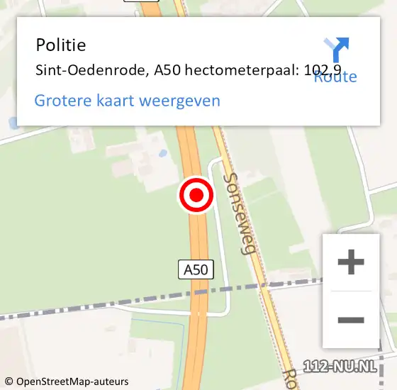 Locatie op kaart van de 112 melding: Politie Sint-Oedenrode, A50 hectometerpaal: 102,9 op 10 december 2021 21:35