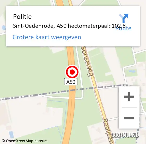 Locatie op kaart van de 112 melding: Politie Sint-Oedenrode, A50 hectometerpaal: 102,8 op 10 december 2021 21:36