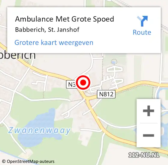 Locatie op kaart van de 112 melding: Ambulance Met Grote Spoed Naar Babberich, St. Janshof op 10 december 2021 21:39