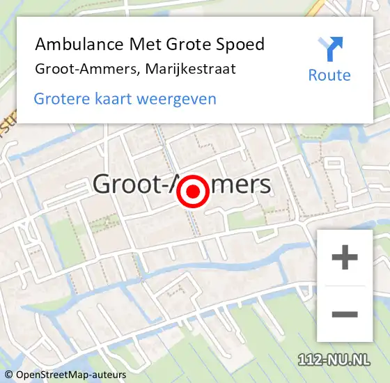 Locatie op kaart van de 112 melding: Ambulance Met Grote Spoed Naar Groot-Ammers, Marijkestraat op 10 december 2021 21:53