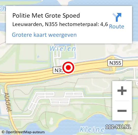 Locatie op kaart van de 112 melding: Politie Met Grote Spoed Naar Leeuwarden, N355 hectometerpaal: 4,6 op 10 december 2021 22:22