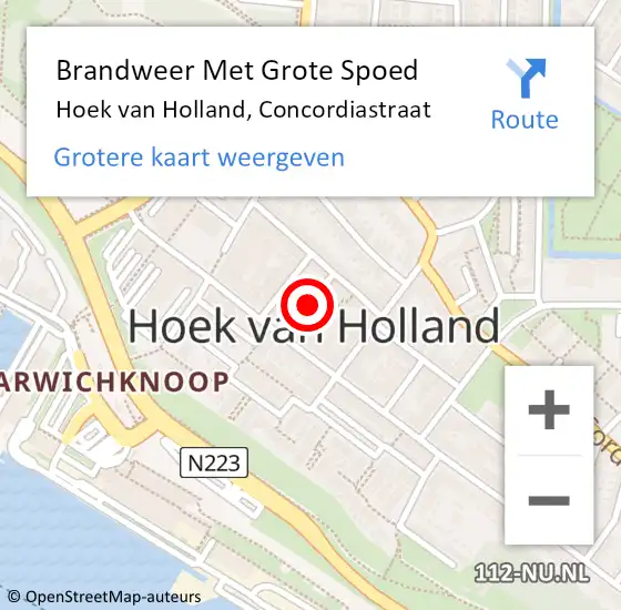 Locatie op kaart van de 112 melding: Brandweer Met Grote Spoed Naar Hoek van Holland, Concordiastraat op 10 december 2021 22:36