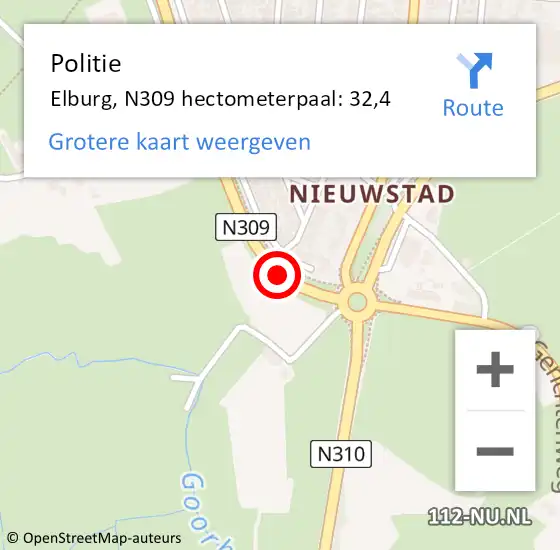 Locatie op kaart van de 112 melding: Politie Elburg, N309 hectometerpaal: 32,4 op 10 december 2021 23:59