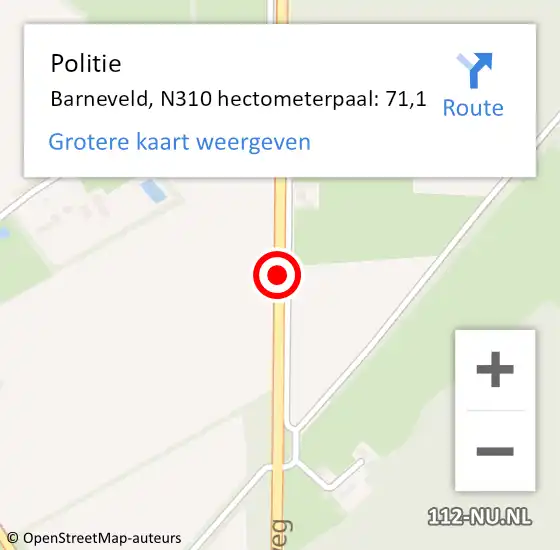 Locatie op kaart van de 112 melding: Politie Barneveld, N310 hectometerpaal: 71,1 op 11 december 2021 07:50
