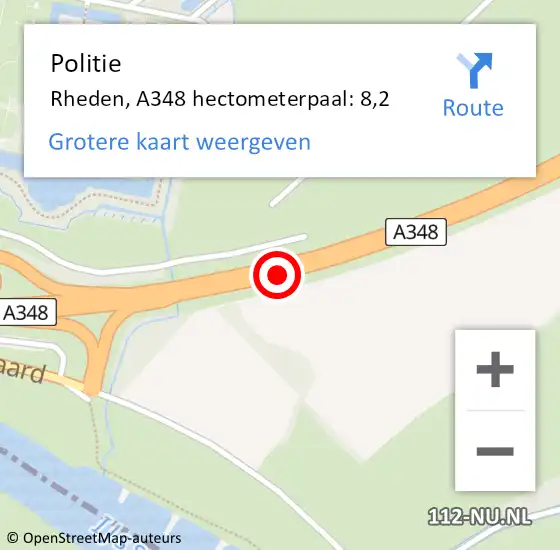 Locatie op kaart van de 112 melding: Politie Rheden, A348 hectometerpaal: 8,2 op 11 december 2021 08:12