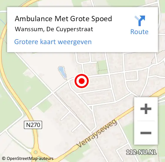 Locatie op kaart van de 112 melding: Ambulance Met Grote Spoed Naar Wanssum, De Cuyperstraat op 1 juli 2014 23:30